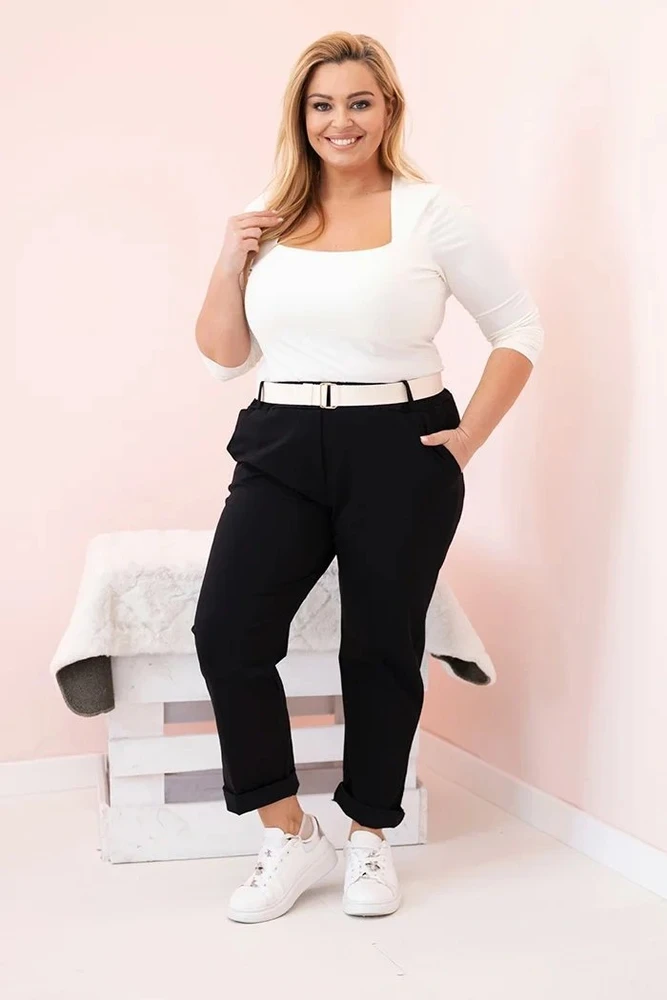 Moteriškos Plus Size kelnės su diržu, juodos spalvos