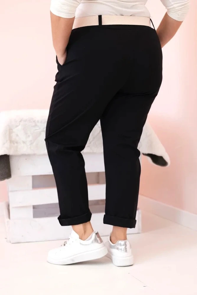 Moteriškos Plus Size kelnės su diržu, juodos spalvos