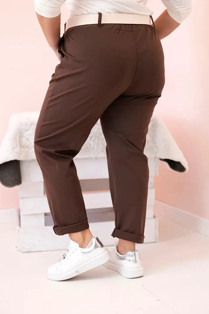 Moteriškos Plus Size kelnės su diržu, rudos spalvos