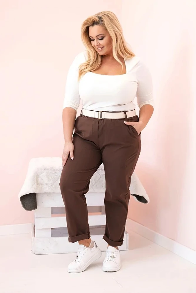 Moteriškos Plus Size kelnės su diržu, rudos spalvos