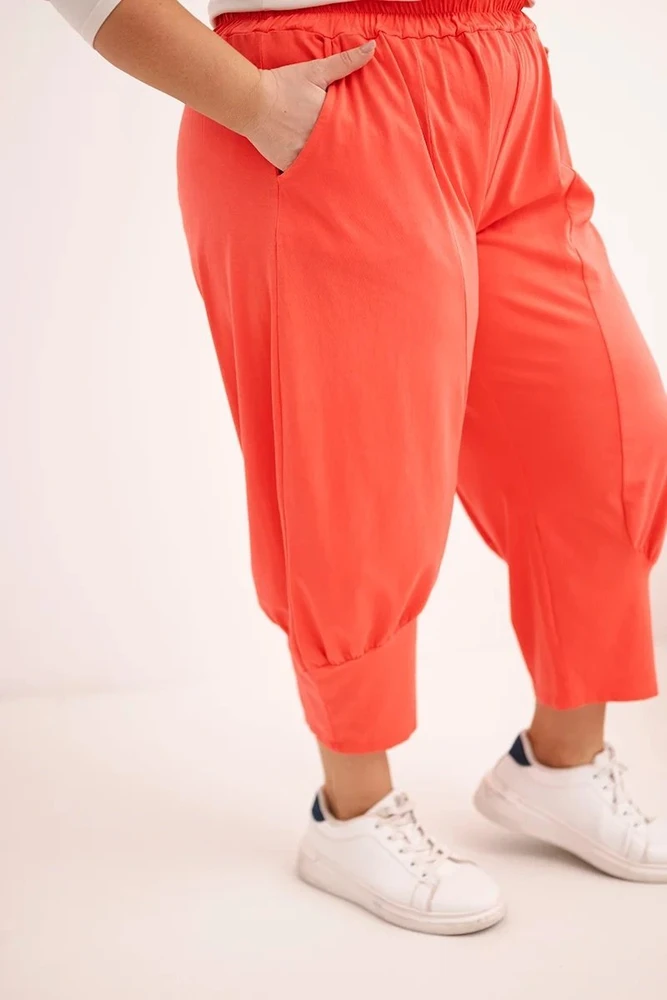 Moteriškos Plus Size kelnės su pažemintu tarpkoju ir elastiniu juosmeniu, koralinės spalvos