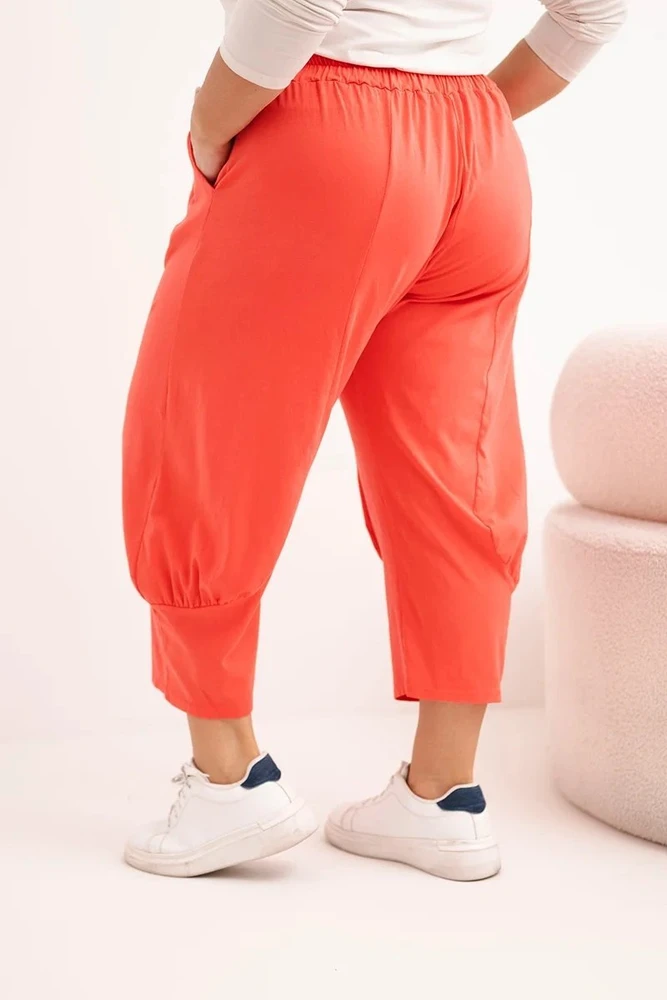 Moteriškos Plus Size kelnės su pažemintu tarpkoju ir elastiniu juosmeniu, koralinės spalvos