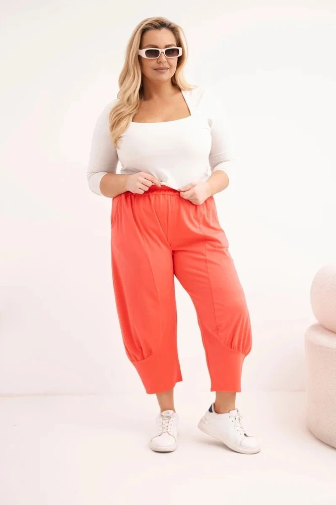 Moteriškos Plus Size kelnės su pažemintu tarpkoju ir elastiniu juosmeniu, koralinės spalvos
