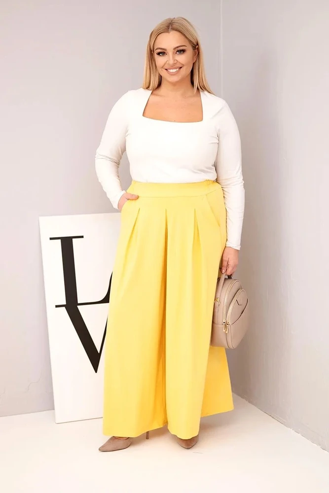 Moteriškos Plus Size kelnės su plačiomis klešnėmis, geltonos spalvos