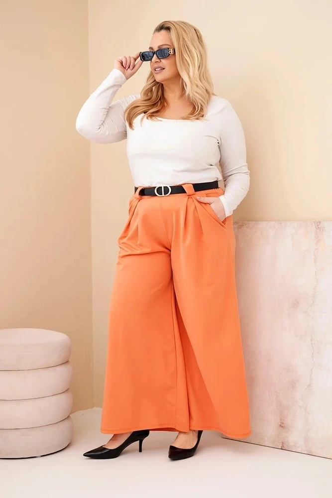 Moteriškos Plus Size kelnės su plačiomis klešnėmis ir diržu, persikų spalvos