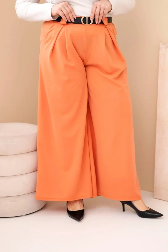 Moteriškos Plus Size kelnės su plačiomis klešnėmis ir diržu, persikų spalvos
