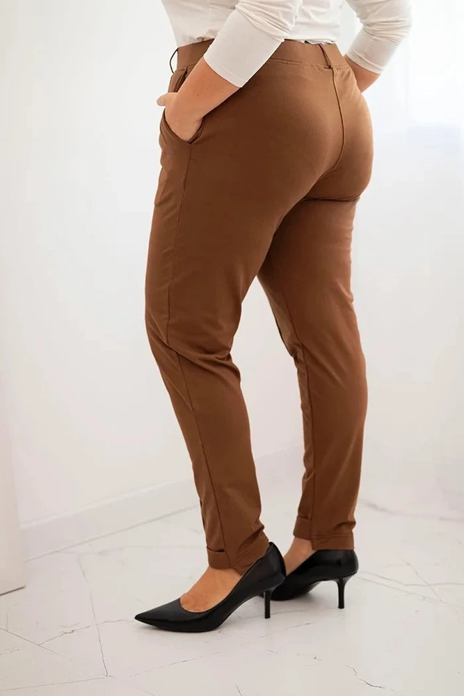 Moteriškos Plus Size kelnės su tampriu juosmeniu, kapučino spalvos