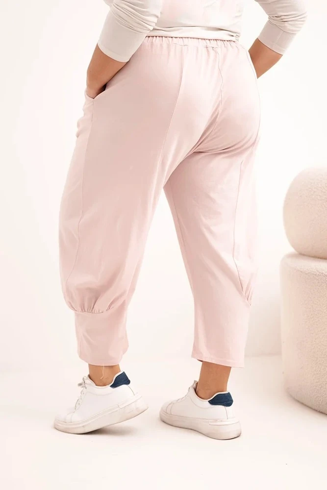 Moteriškos Plus Size kelnės su žemu liemeniu ir elastine juosmens guma, pudrinės rožinės spalvos