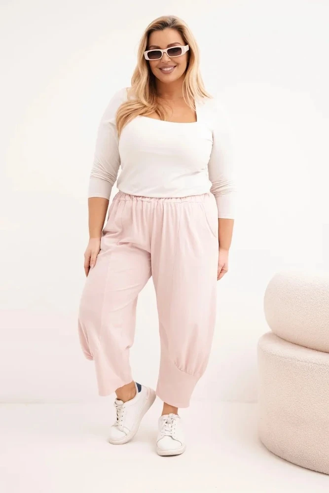 Moteriškos Plus Size kelnės su žemu liemeniu ir elastine juosmens guma, pudrinės rožinės spalvos
