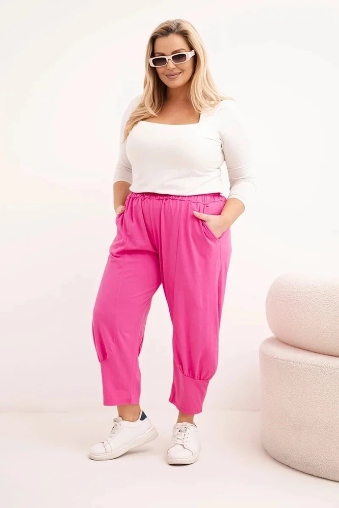 Moteriškos Plus Size kelnės žemu liemeniu su elastine juosmens juosta, rožinės spalvos