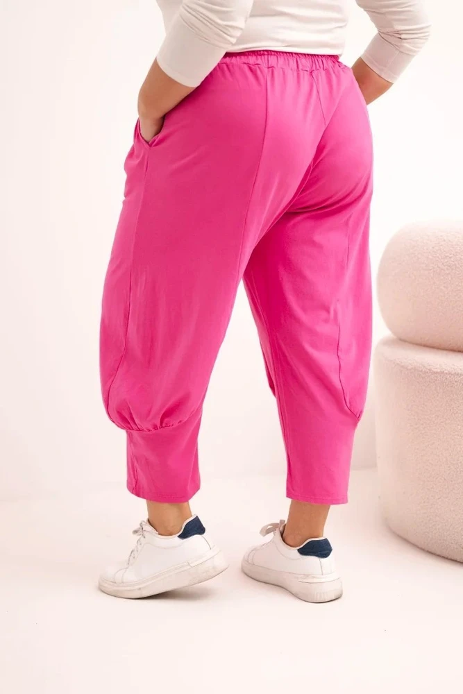 Moteriškos Plus Size kelnės žemu liemeniu su elastine juosmens juosta, rožinės spalvos