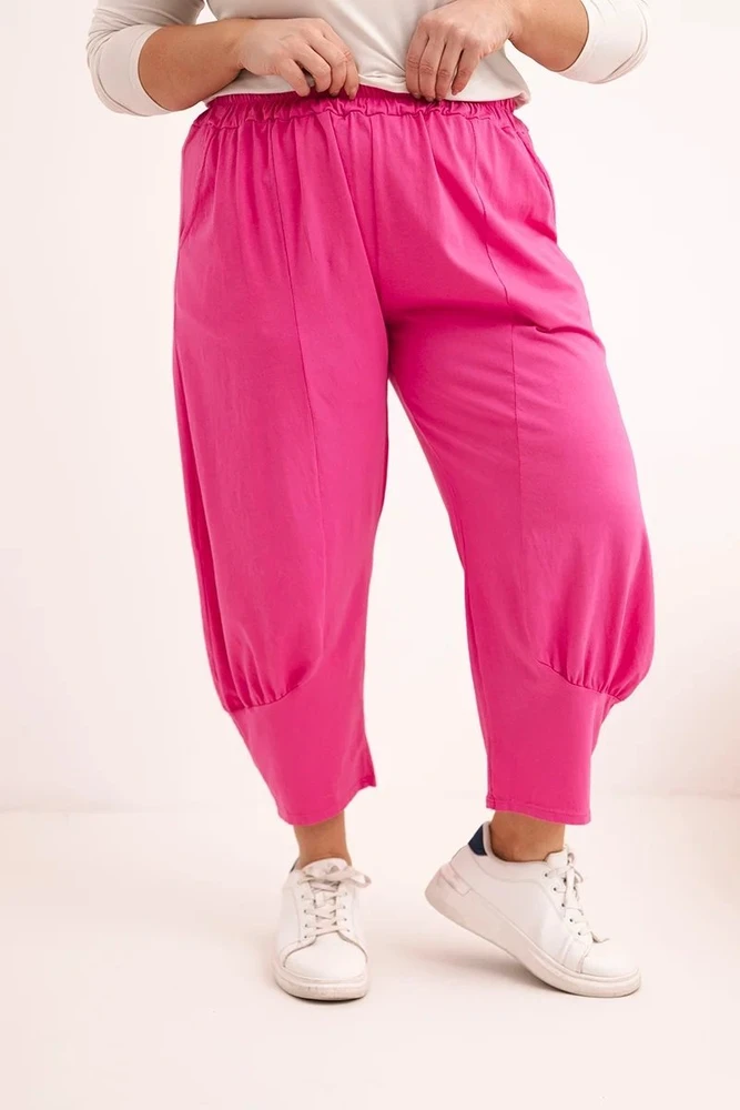 Moteriškos Plus Size kelnės žemu liemeniu su elastine juosmens juosta, rožinės spalvos