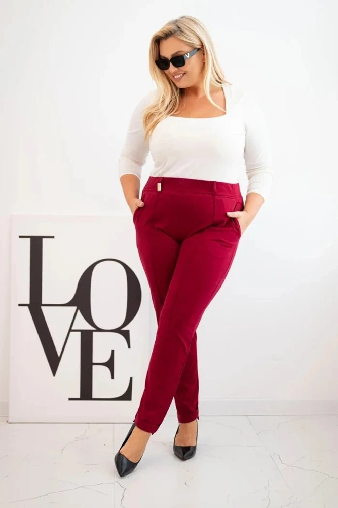 Moteriškos Plus Size medvilninės kelnės su tampriu juosmeniu, tamsiai raudonos spalvos