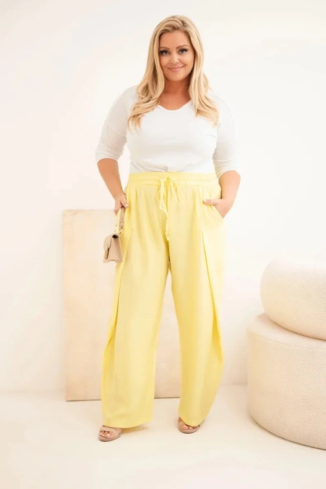 Moteriškos Plus Size medvilninės kelnės su tampriu juosmeniu, geltonos