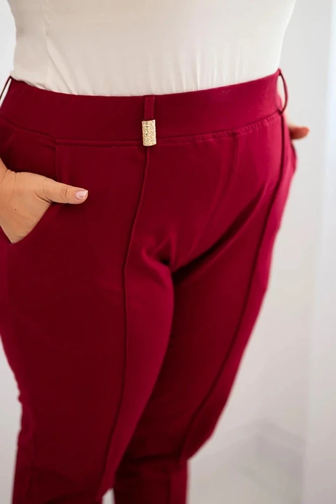 Moteriškos Plus Size medvilninės kelnės su tampriu juosmeniu, tamsiai raudonos spalvos