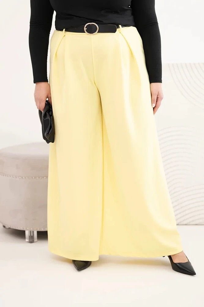 Moteriškos Plus Size plačios kelnės su diržu, geltonos spalvos