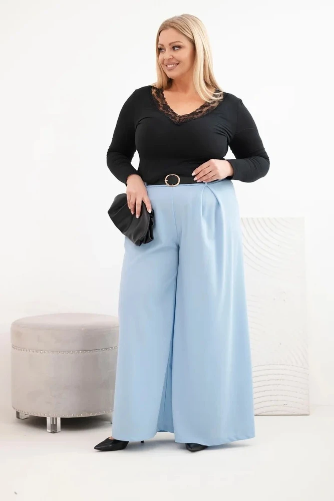 Moteriškos Plus Size plačios kelnės su diržu, mėlynos
