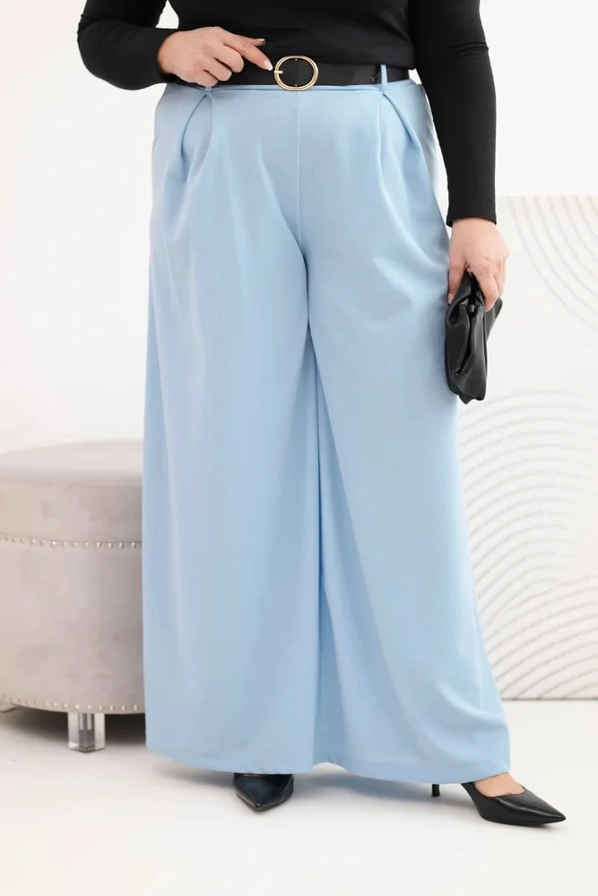 Moteriškos Plus Size plačios kelnės su diržu, mėlynos