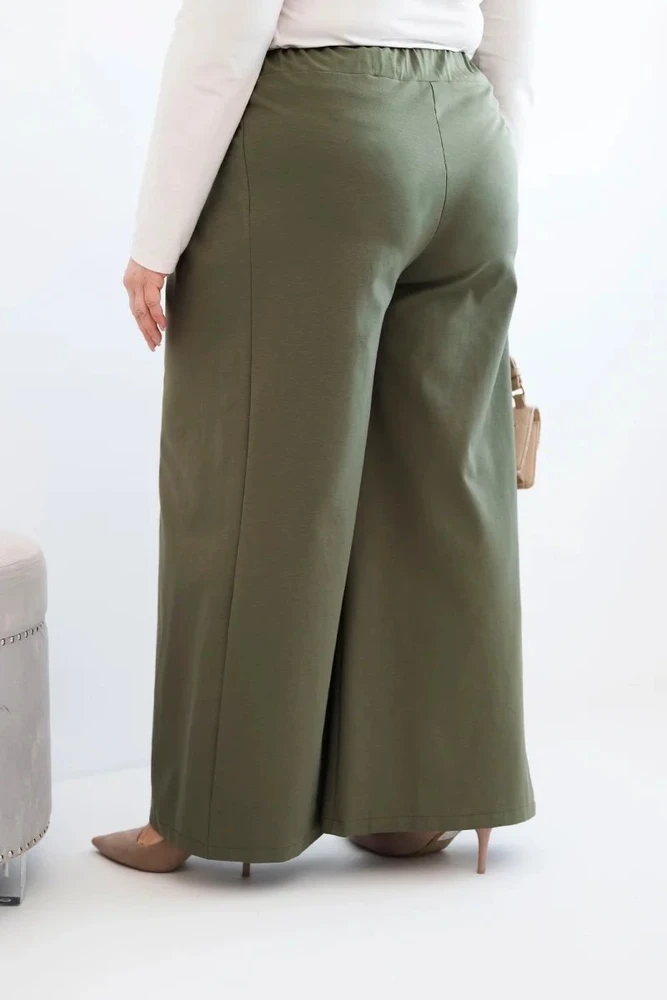 Moteriškos Plus Size plačios kelnės su klostėmis, chaki spalvos