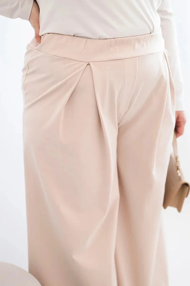 Moteriškos Plus Size plačios kelnės su klostėmis, smėlio spalvos