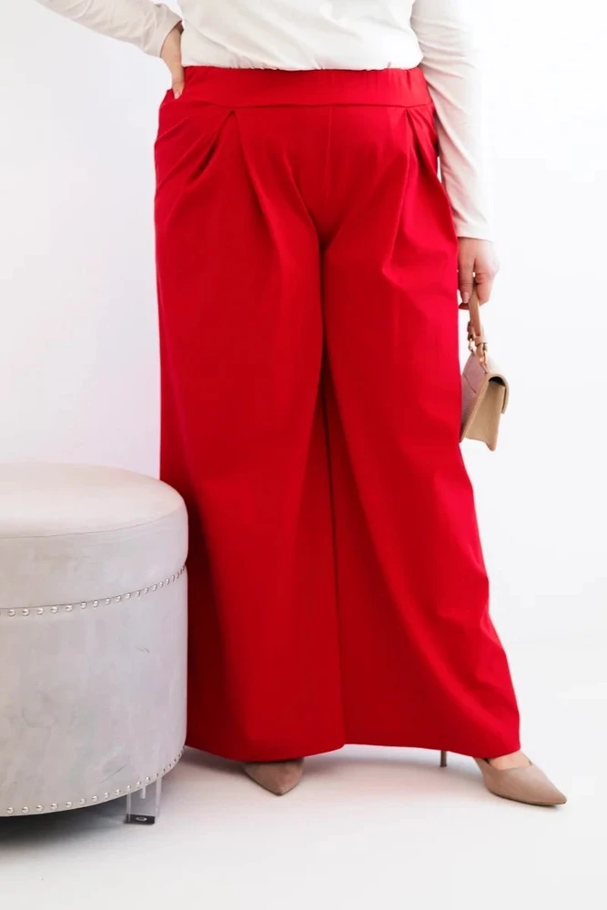 Moteriškos Plus Size plačios kelnės su klostėmis, raudonos spalvos