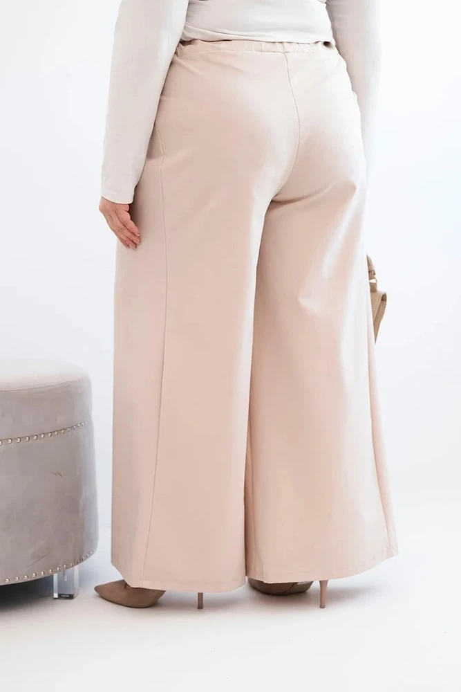 Moteriškos Plus Size plačios kelnės su klostėmis, smėlio spalvos