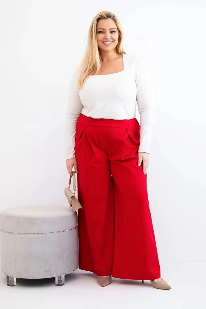 Moteriškos Plus Size plačios kelnės su klostėmis, raudonos spalvos