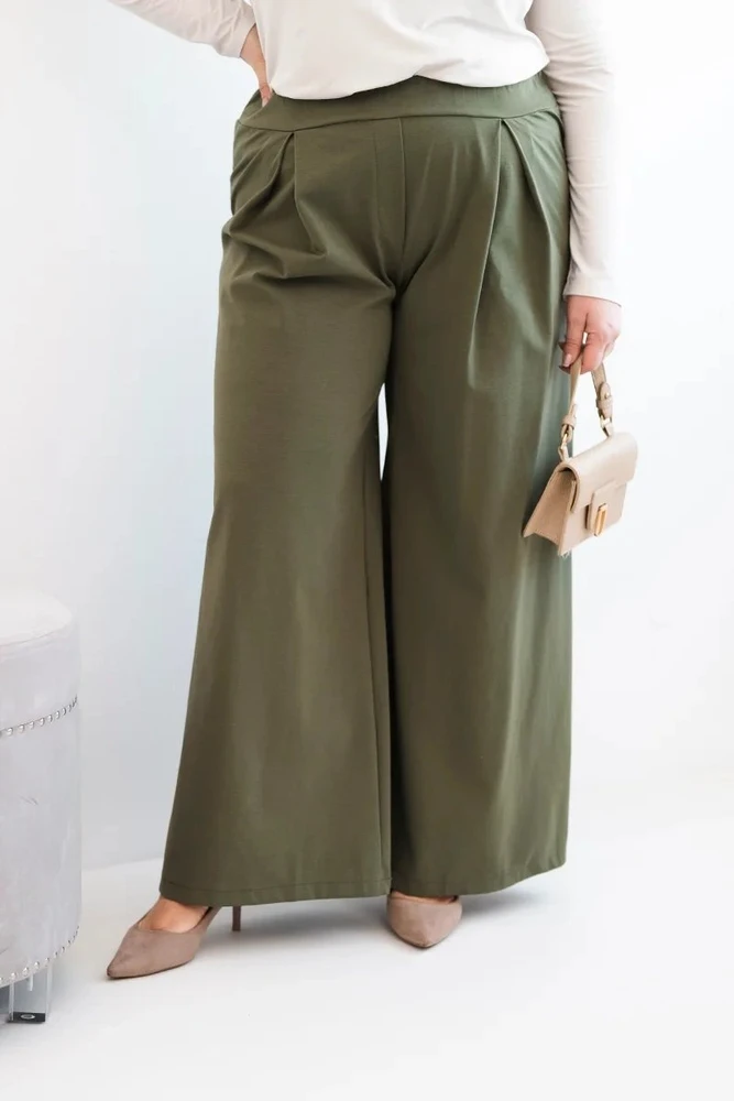 Moteriškos Plus Size plačios kelnės su klostėmis, chaki spalvos