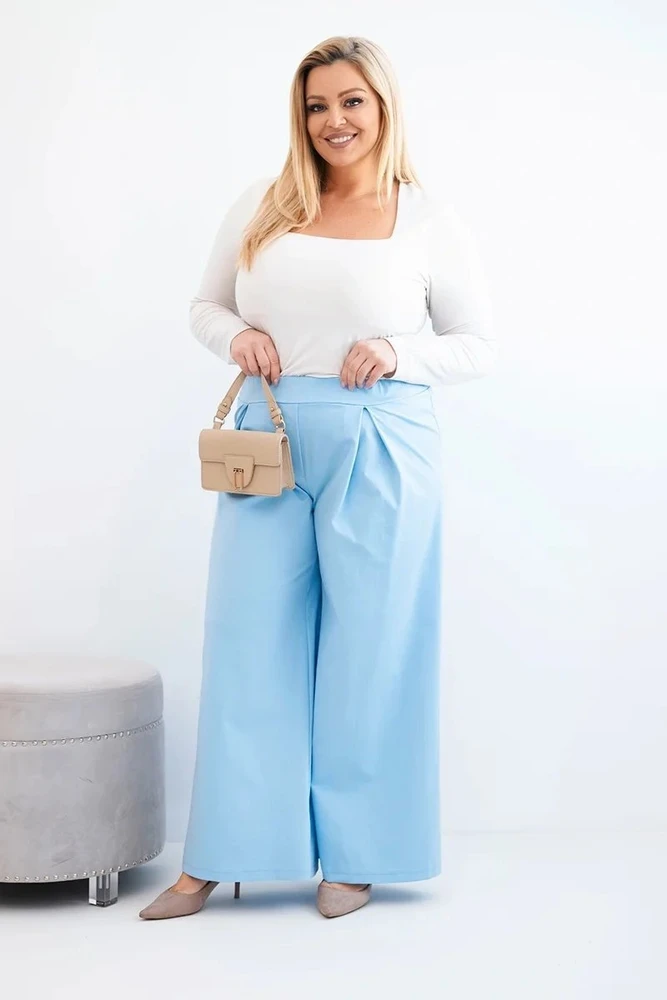 Moteriškos Plus Size plačios kelnės su klostėmis, mėlynos spalvos