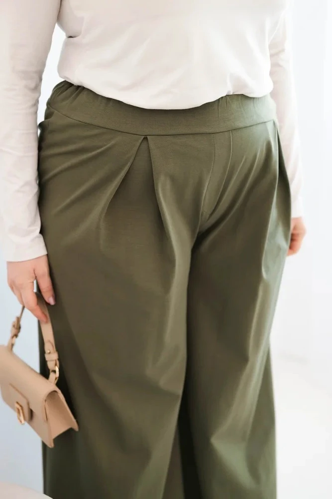 Moteriškos Plus Size plačios kelnės su klostėmis, chaki spalvos
