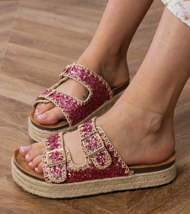 Moteriškos rožinės blizgios šlepetės su sagtelėmis espadrilės