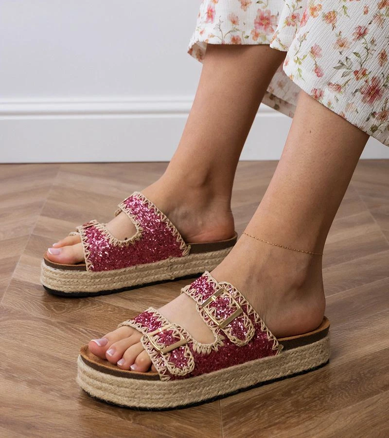 Moteriškos rožinės blizgios šlepetės su sagtelėmis espadrilės