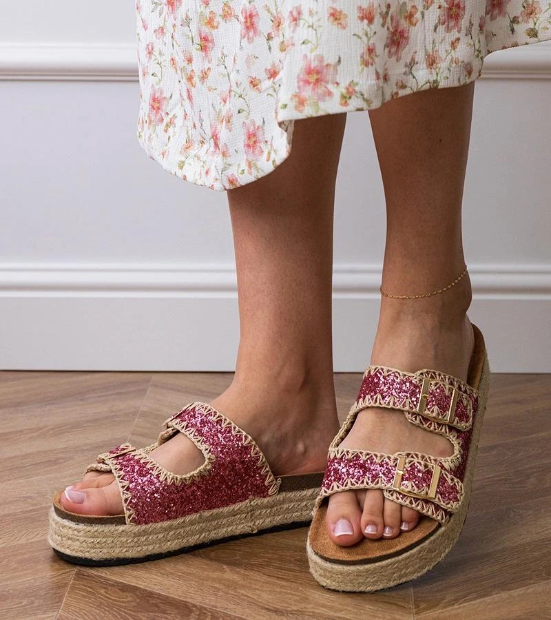 Moteriškos rožinės blizgios šlepetės su sagtelėmis espadrilės