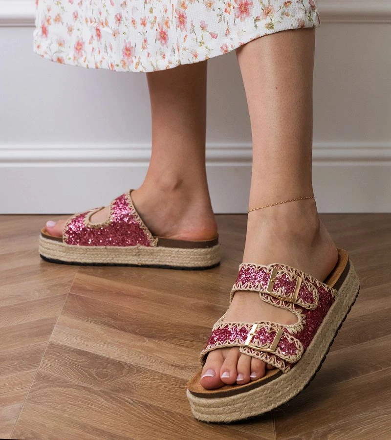 Moteriškos rožinės blizgios šlepetės su sagtelėmis espadrilės