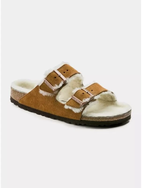 Moteriškos šlepetės Birkenstock Arizona Shearling Mink, rudos ir baltos