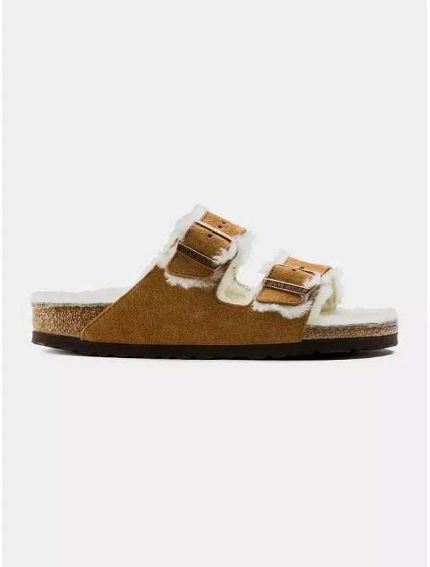 Moteriškos šlepetės Birkenstock Arizona Shearling Mink, rudos ir baltos