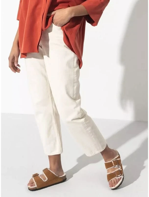 Moteriškos šlepetės Birkenstock Arizona Shearling Mink, rudos ir baltos