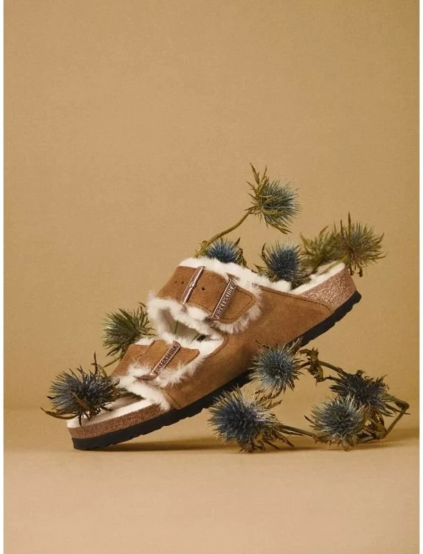 Moteriškos šlepetės Birkenstock Arizona Shearling Mink, rudos ir baltos