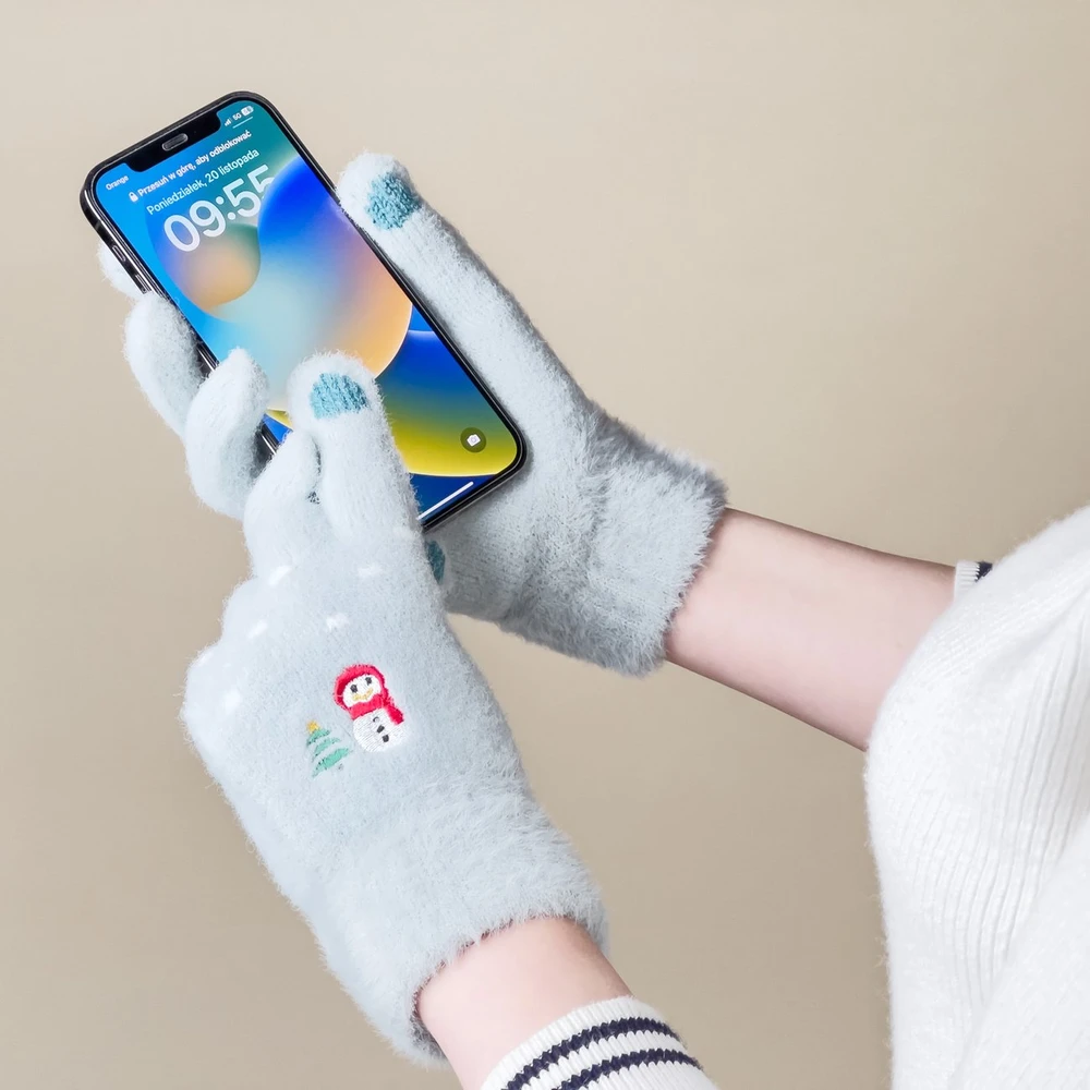 Hurtel Moteriškos žieminės pirštinės telefonui su sniego seniu ir Kalėdų eglute – žalios spalvos
