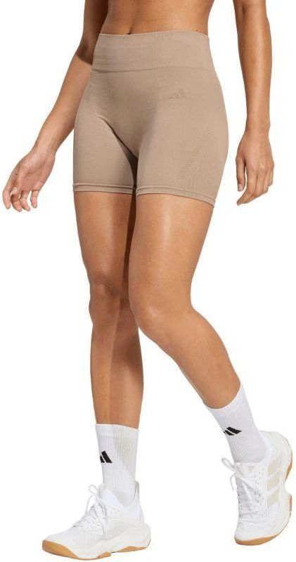 Moterų adidas Workout Essentials 4 colių smėlio spalvos šortai JX3926