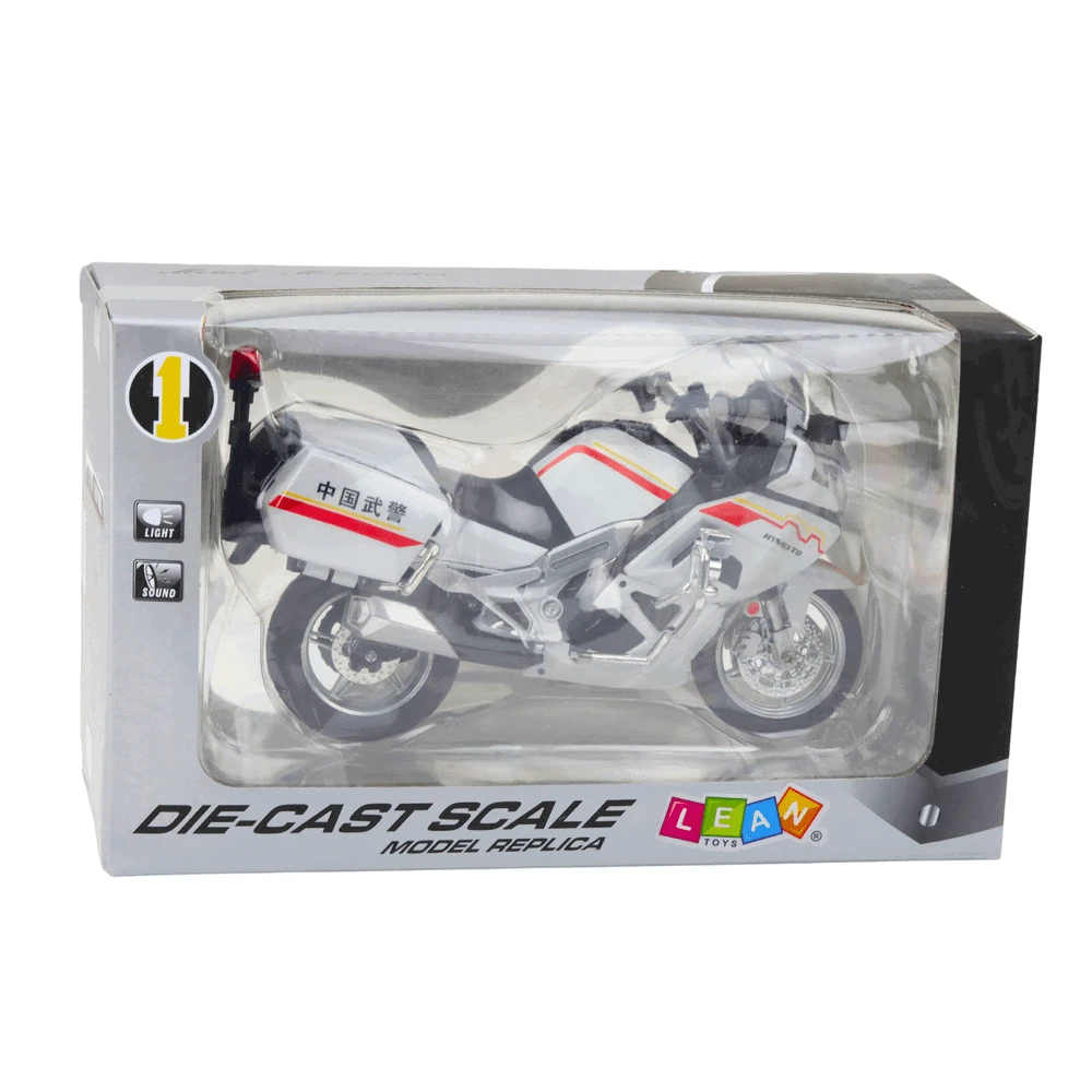 Lean Toys METALINIS MOTOCIKLAS SU ŠVIESOMIS IR GARSU – BALTAI/RAUDONAI/GELTONAS 1:12