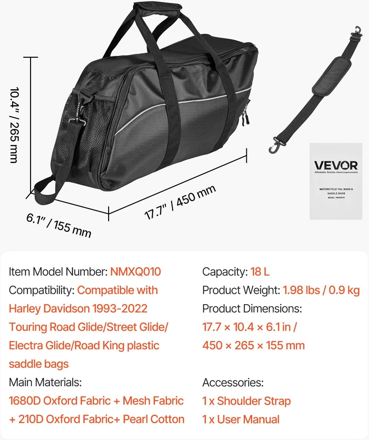 VEVOR Motociklo šoninės spintelės įdėklas, 18 L