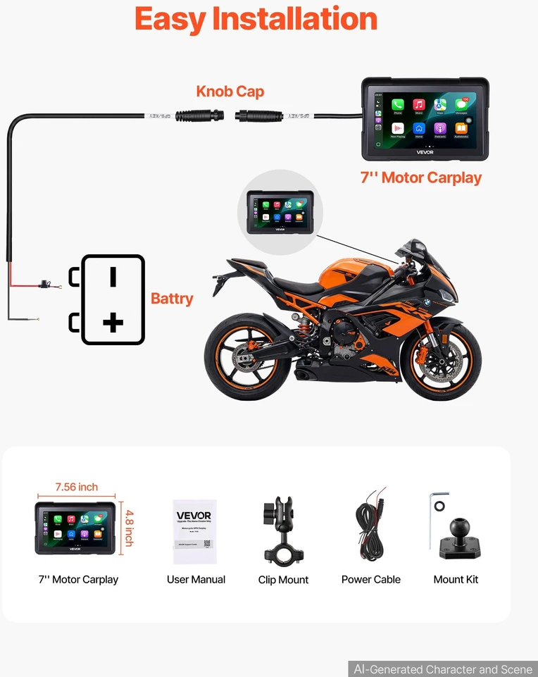 VEVOR 7 colių belaidė motociklų CarPlay sistema