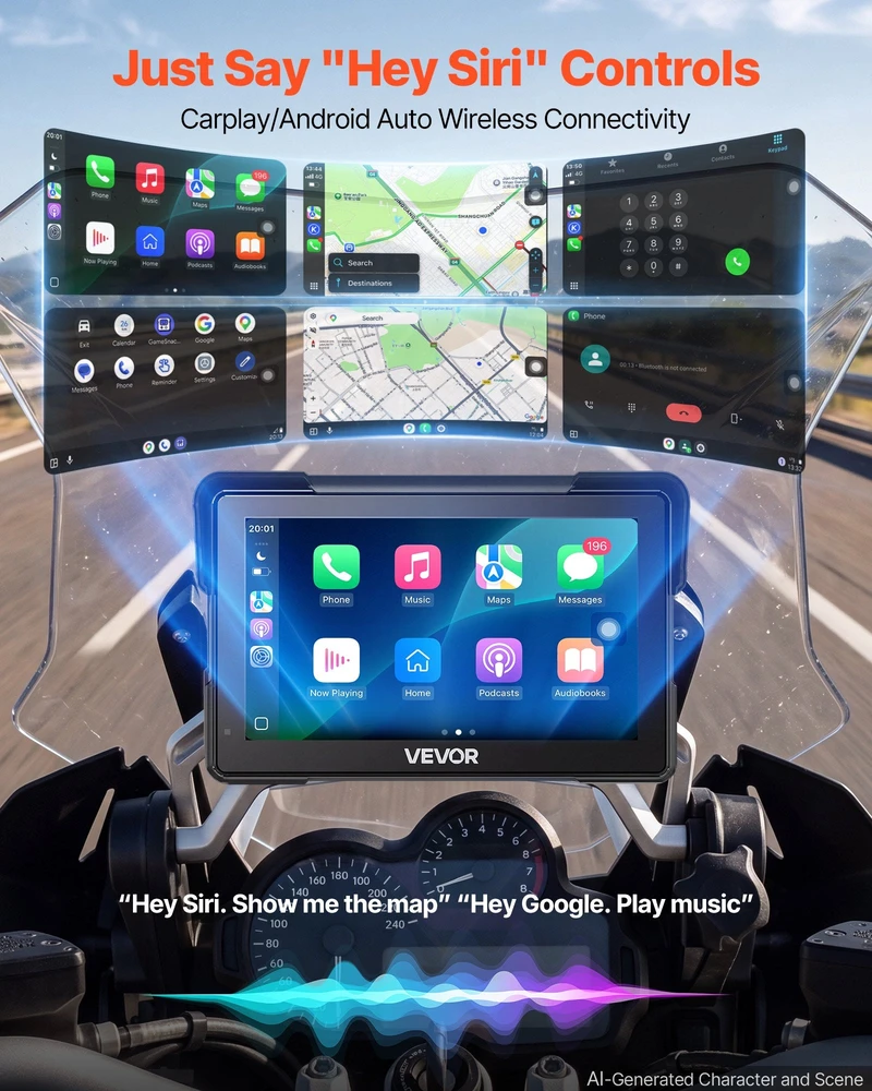 VEVOR 7 colių belaidė motociklų CarPlay sistema