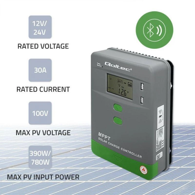 Qoltec 53662 Saulės įkrovimo valdiklis MPPT su temperatūros jutikliu 30A | 12V / 24V | LCD | 2x USB
