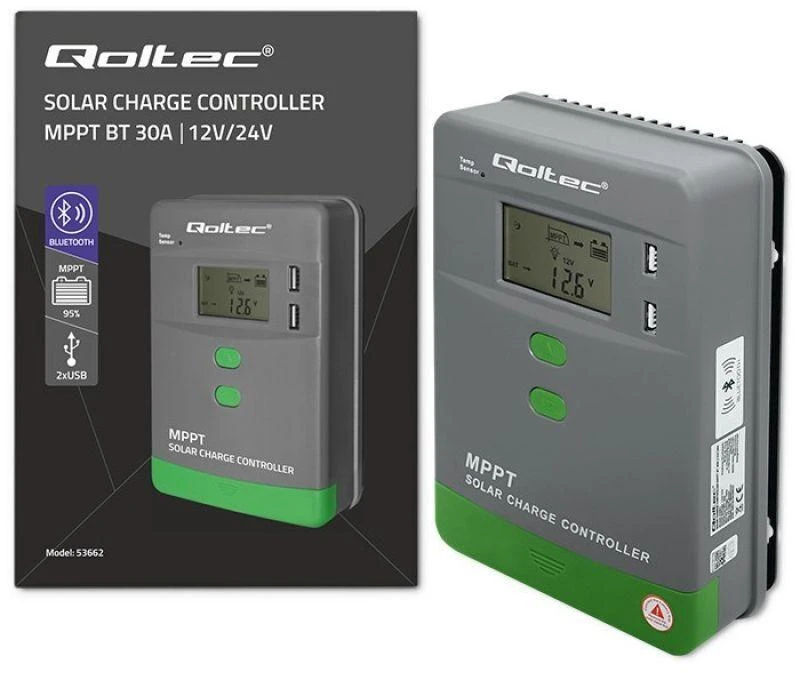 Qoltec 53662 Saulės įkrovimo valdiklis MPPT su temperatūros jutikliu 30A | 12V / 24V | LCD | 2x USB