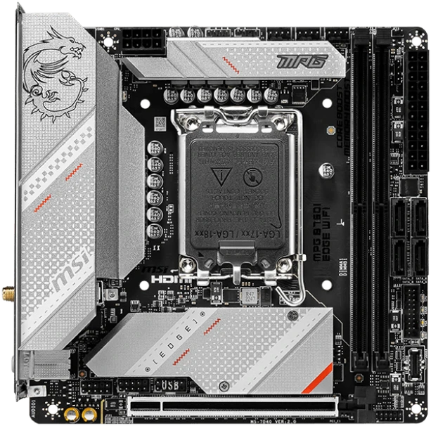 Pagrindinė plokštė MSI | MPG B760I EDGE WIFI | Procesorių šeima Intel | Procesoriaus lizdas LGA1700 | DDR5 DIMM | Atminties lizdai 2 | Palaikomos standžiojo disko sąsajos SATA, M.2 | SATA jungčių skaičius 4 | Mikroschemų rinkinys Intel B760 | Mini-ITX
