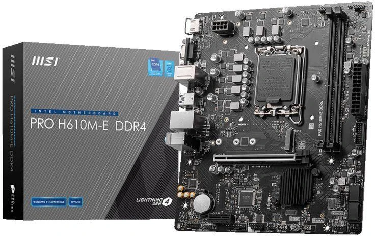 Pagrindinė plokštė MSI PRO H610M-E DDR4 | Intel H610 | LGA1700 | MicroATX | 2x DDR4 lizdai | 1x PCI-Express 1x | 1x PCI-Express 16x | 1 x M.2 | 1x 15pin D-sub | 1x HDMI | 4xUSB 2.0 | 2x USB 3.2 | 1xPS/2 | 1x RJ45 | 3x garso jungtys