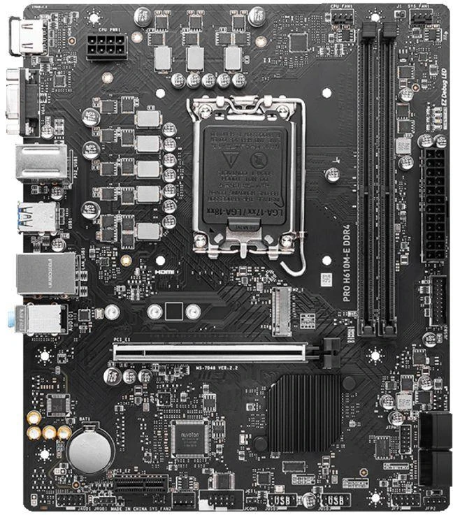 Pagrindinė plokštė MSI PRO H610M-E DDR4 | Intel H610 | LGA1700 | MicroATX | 2x DDR4 lizdai | 1x PCI-Express 1x | 1x PCI-Express 16x | 1 x M.2 | 1x 15pin D-sub | 1x HDMI | 4xUSB 2.0 | 2x USB 3.2 | 1xPS/2 | 1x RJ45 | 3x garso jungtys