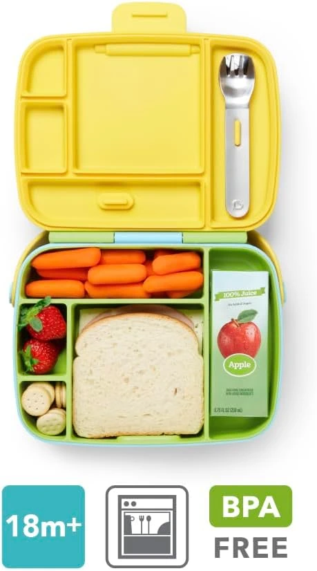 Munchkin bento pietų dėžutė vaikams su 5 skyreliais ir nerūdijančiojo plieno įrankiais, žalia